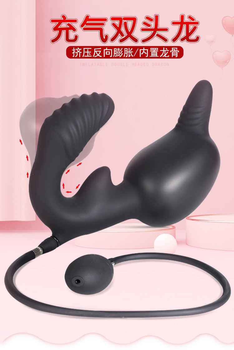 Inflatable Double Dildo Anal Butt Plug – Fantasy Balck Silicone Female Sex Toys