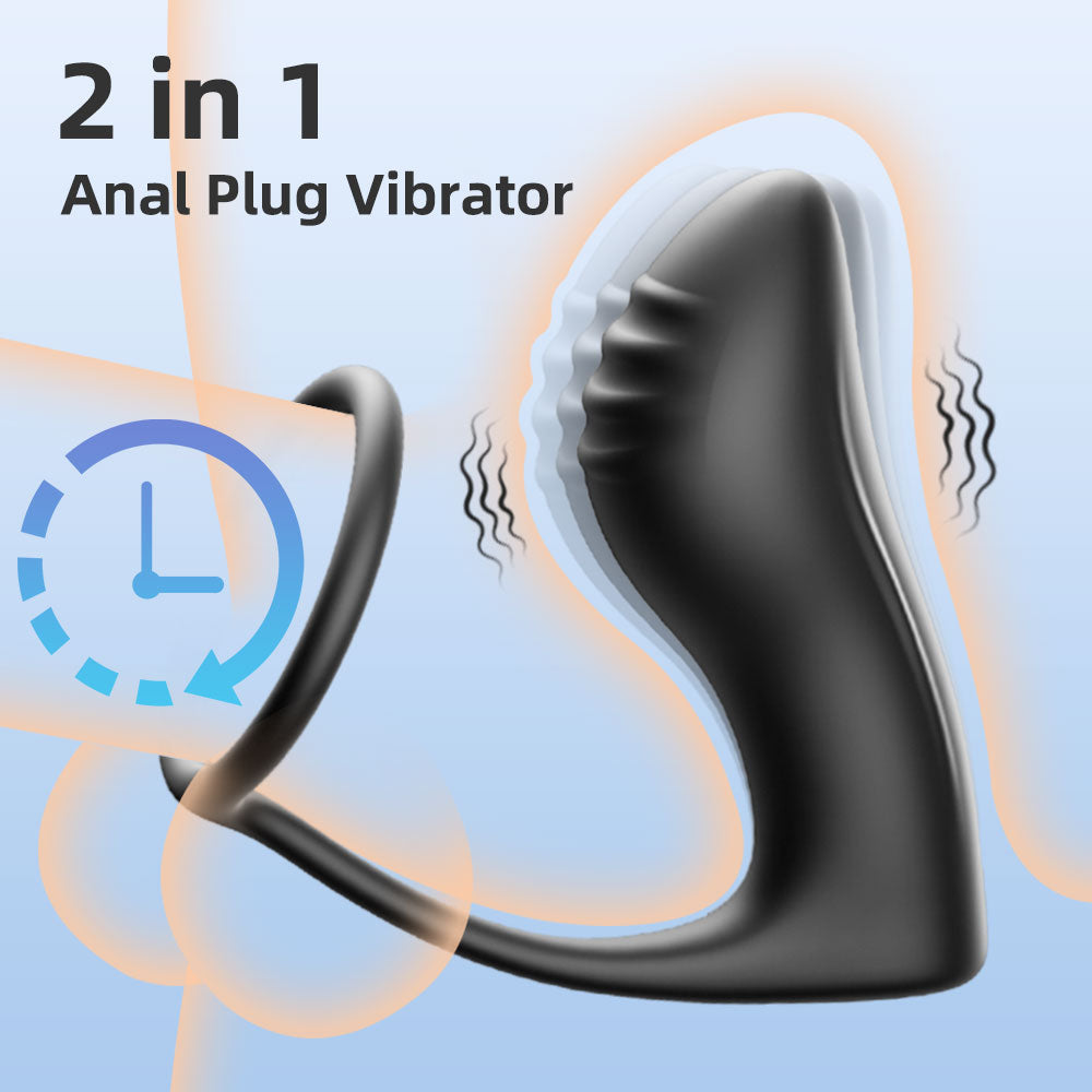 Cock Ring & Anal Butt Plug Vibrators Prostate Massager – Black Silicone Sex Toys for Man