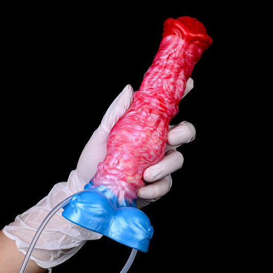 Consolador inflable con chorros y base testicular gigante para estimulación del punto G y masturbación femenina.