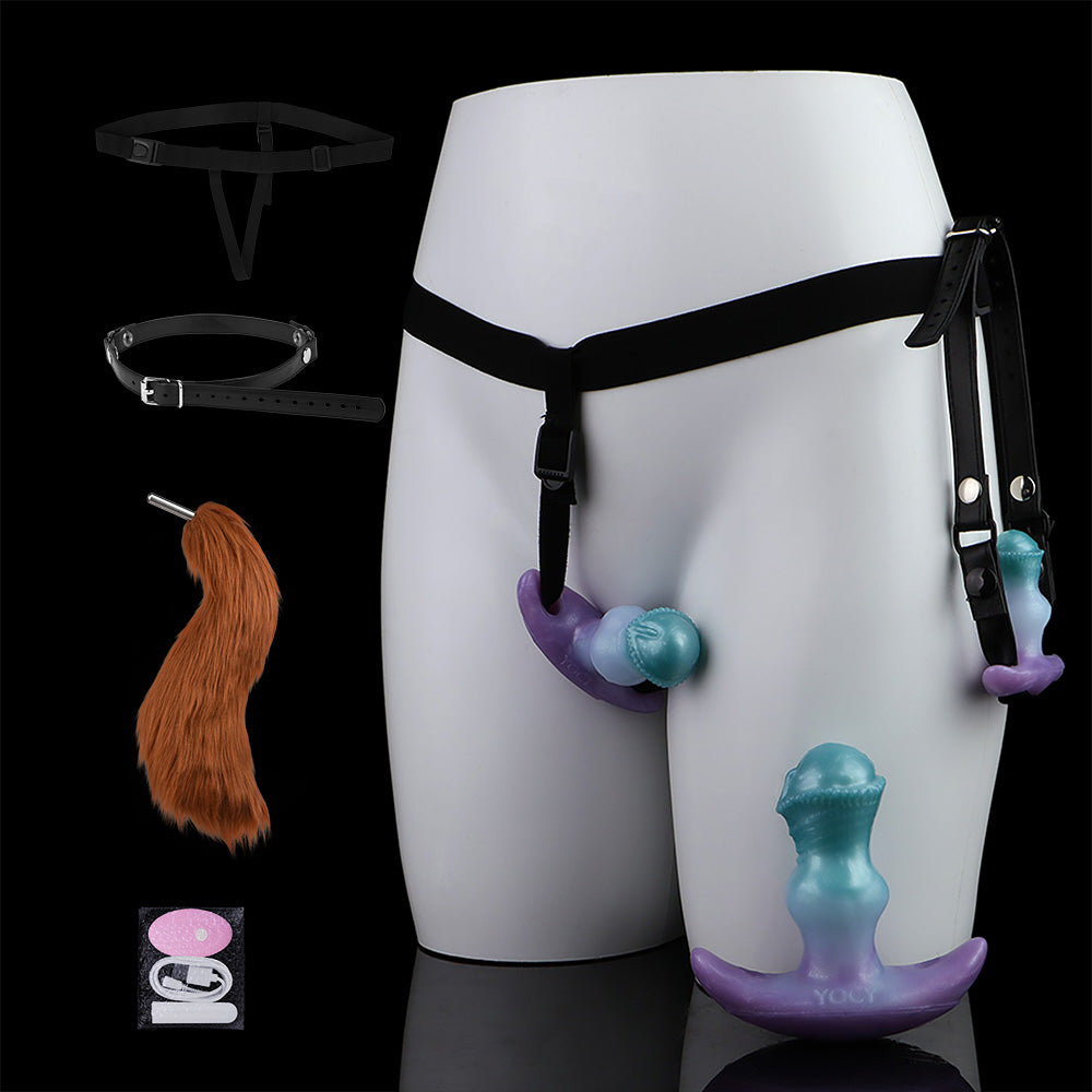 Consolador anal vibrador con correa y cola de zorro – Juguete sexual de silicona morado-azul para mujeres y hombres