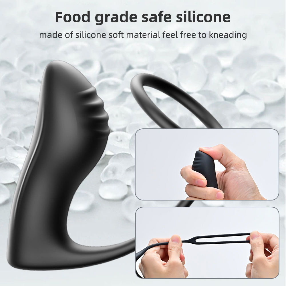 Cock Ring & Anal Butt Plug Vibrators Prostate Massager – Black Silicone Sex Toys for Man