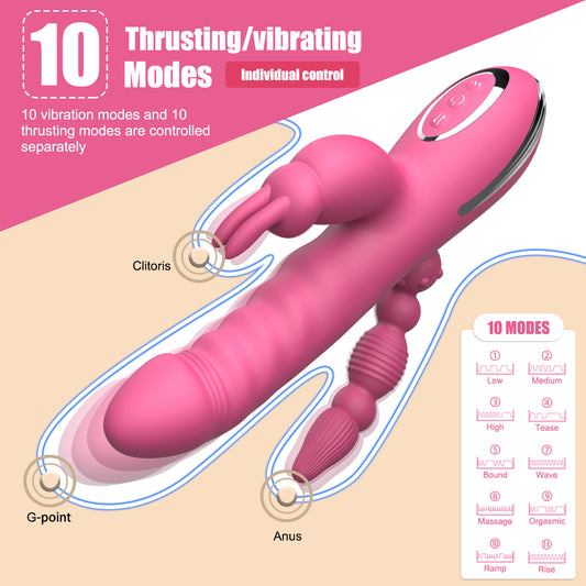 Consolador de silicona rosa con vibrador para el punto G: juguetes sexuales femeninos multisensoriales para orgasmos intensos