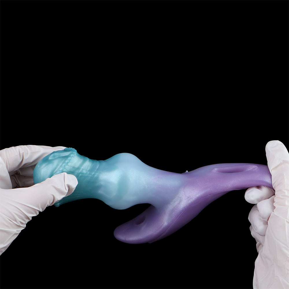 Consolador anal vibrador con correa y cola de zorro – Juguete sexual de silicona morado-azul para mujeres y hombres