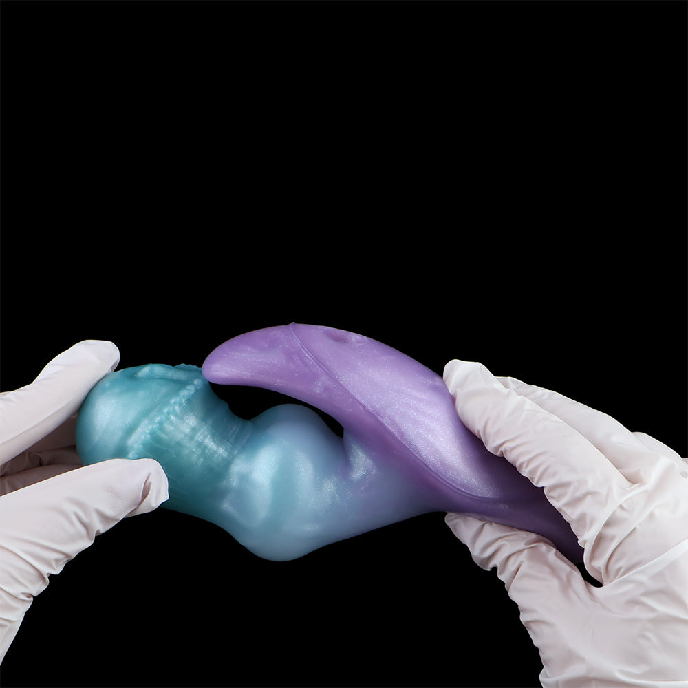 Consolador anal vibrador con correa y cola de zorro – Juguete sexual de silicona morado-azul para mujeres y hombres