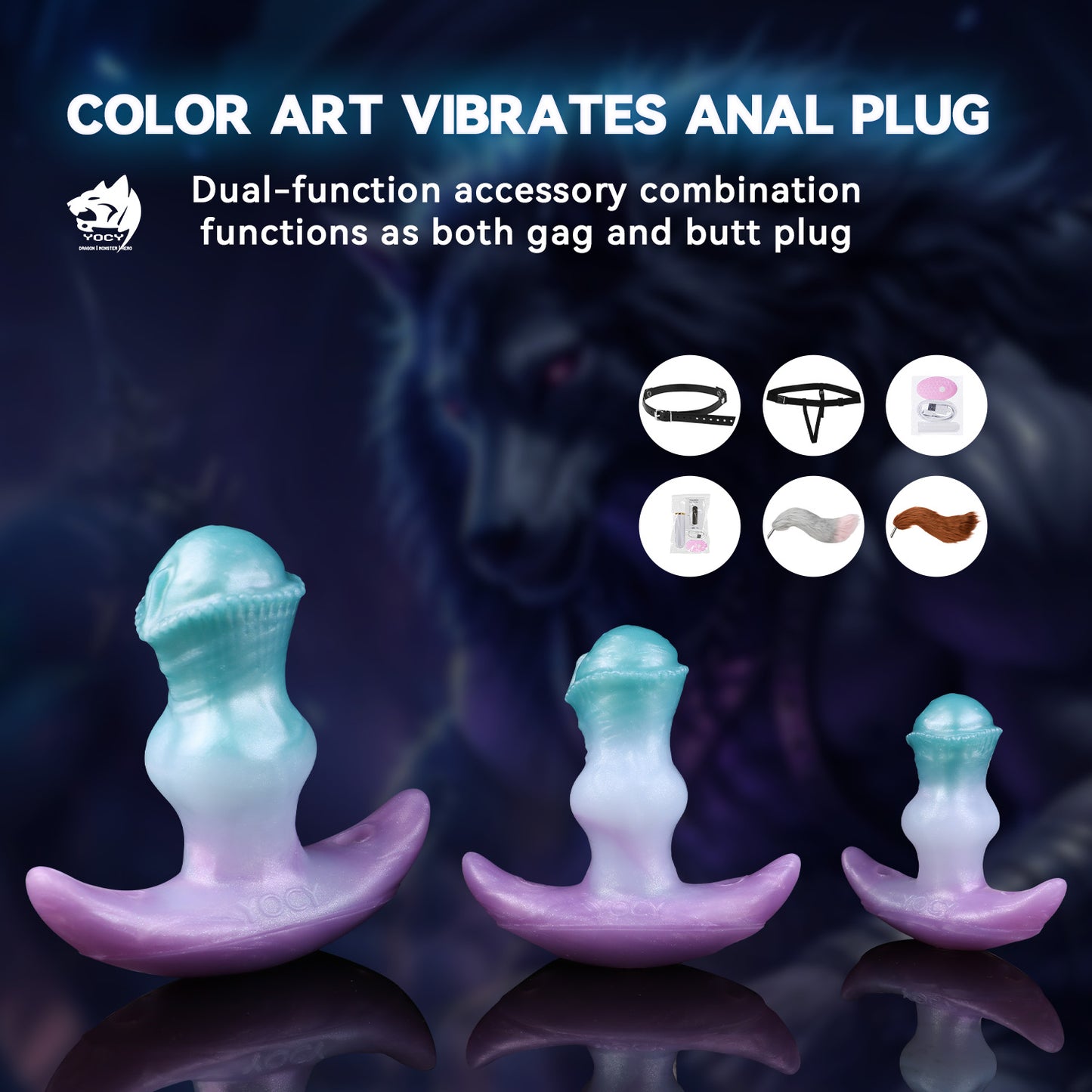 Consolador anal vibrador con correa y cola de zorro – Juguete sexual de silicona morado-azul para mujeres y hombres