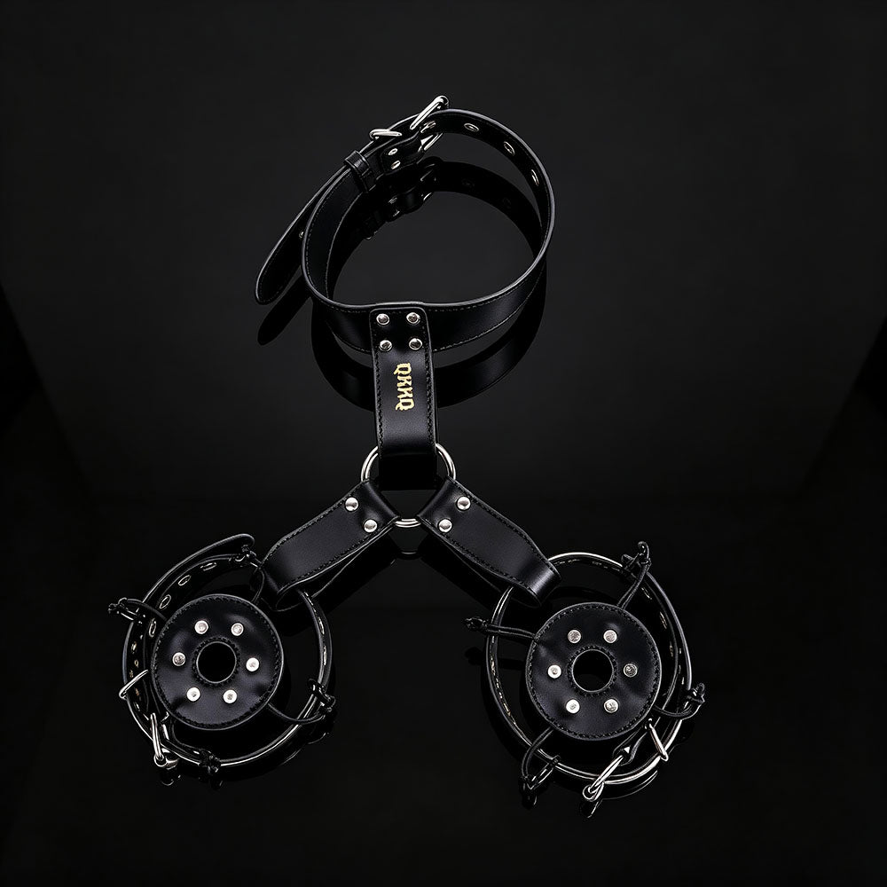 Pink & Black Leather Nipple Clamps with Collar Tether