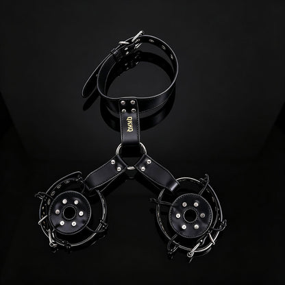 Pink & Black Leather Nipple Clamps with Collar Tether