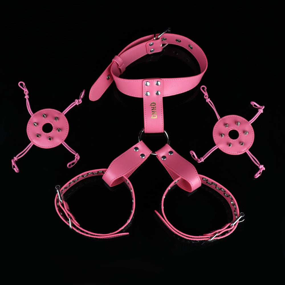 Pink & Black Leather Nipple Clamps with Collar Tether