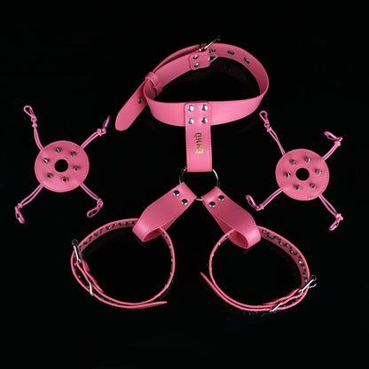 Pink & Black Leather Nipple Clamps with Collar Tether