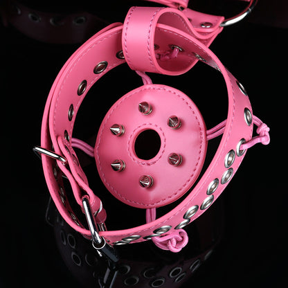 Pink & Black Leather Nipple Clamps with Collar Tether