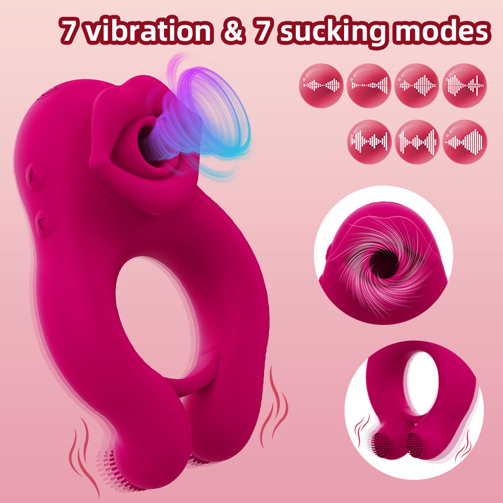 Anillo vibrador para el pene con succión bucal: juguete sexual multiestimulación de silicona para mujeres y hombres.