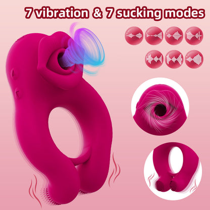 Anillo vibrador para el pene con succión bucal: juguete sexual multiestimulación de silicona para mujeres y hombres.