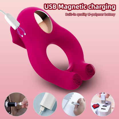 Anillo vibrador para el pene con succión bucal: juguete sexual multiestimulación de silicona para mujeres y hombres.