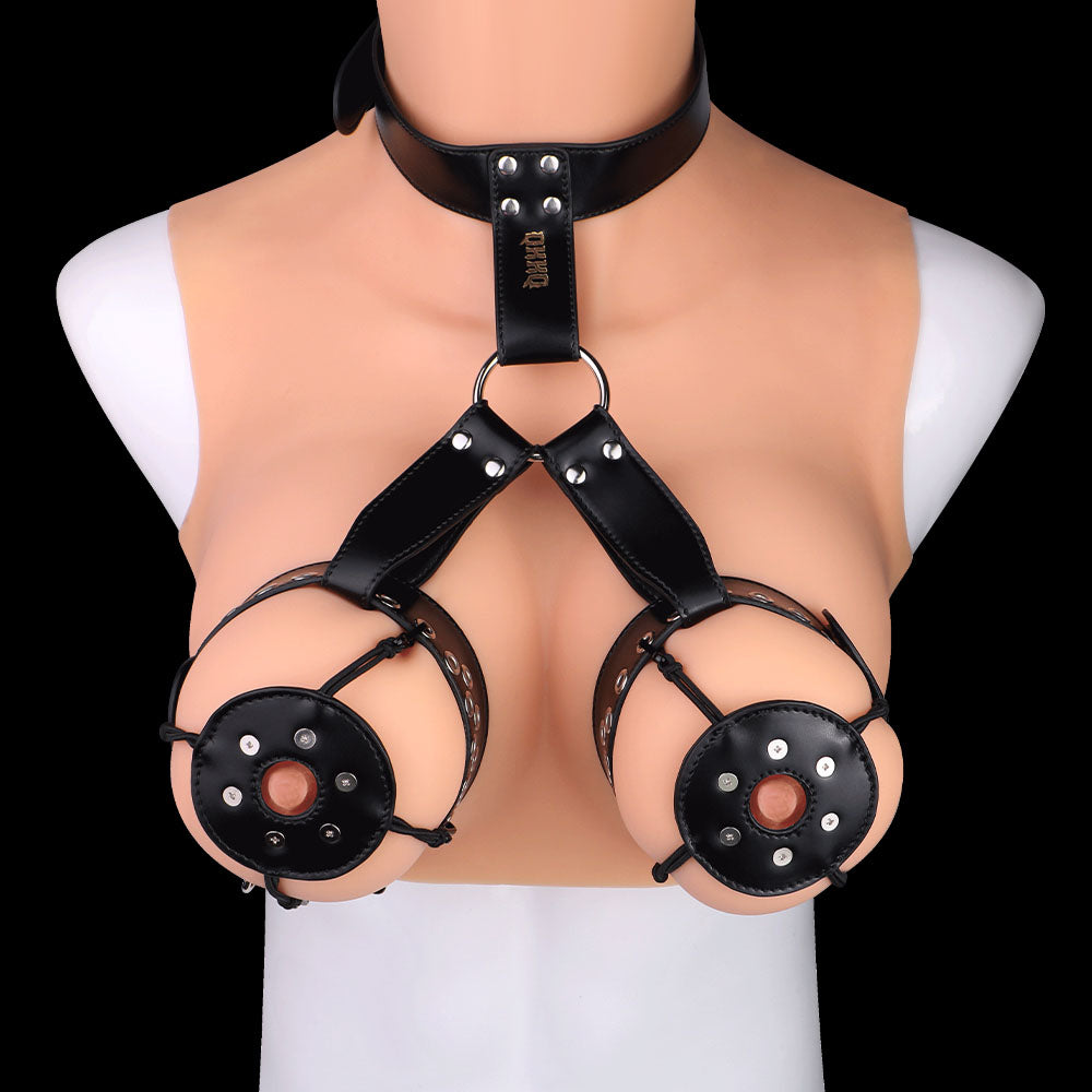 Pink & Black Leather Nipple Clamps with Collar Tether
